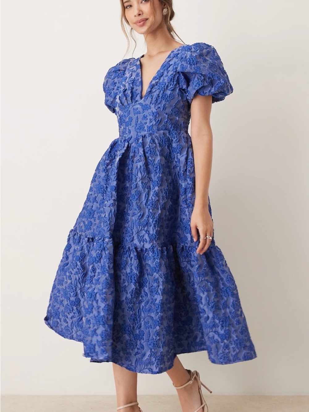 Sister Jane puff sleeve textured jacquard midi Luna dress, cobalt, L+